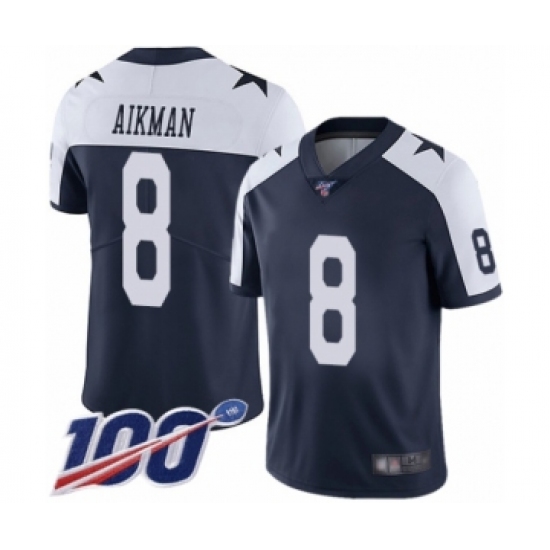 Men's Dallas Cowboys 8 Troy Aikman Navy Blue Throwback Alternate Vapor Untouchable Limited Player 100th Season Football Jersey