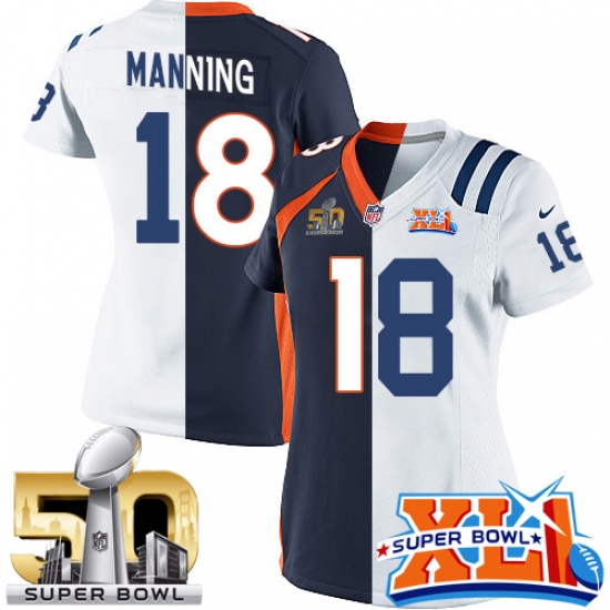 Women's Nike Indianapolis Colts 18 Peyton Manning Elite White/Navy Blue Split Fashion Super Bowl XLI & Super Bowl L NFL Jersey