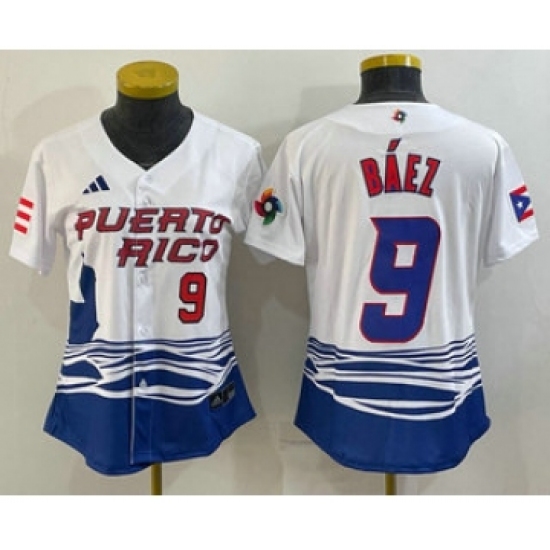 Women's Puerto Rico Baseball 9 Javier Baez Number White 2023 World Baseball Classic Stitched Jersey