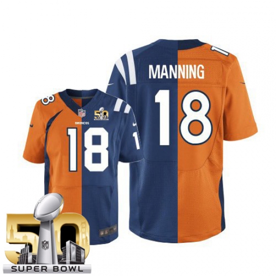 Men's Nike Denver Broncos 18 Peyton Manning Elite Navy Blue/White Split Fashion Super Bowl 50 Bound NFL Jersey