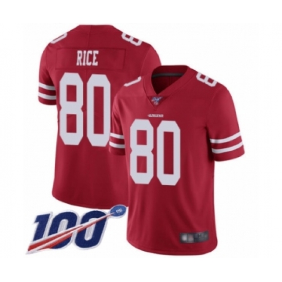 Men's San Francisco 49ers 80 Jerry Rice Red Team Color Vapor Untouchable Limited Player 100th Season Football Jersey