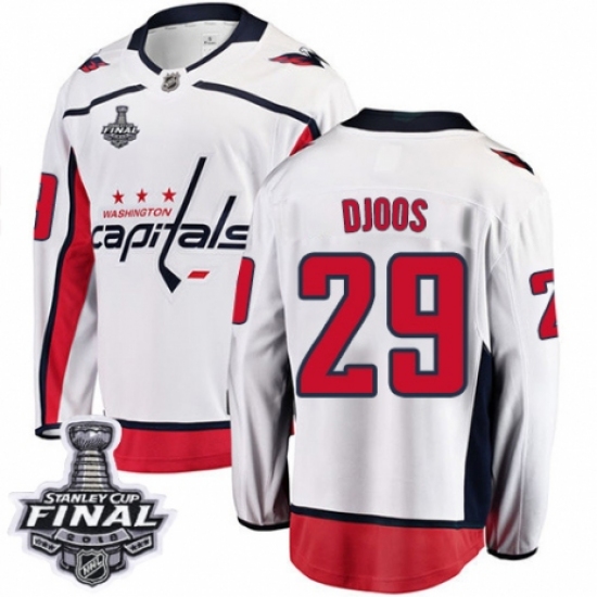 Men's Washington Capitals 29 Christian Djoos Fanatics Branded White Away Breakaway 2018 Stanley Cup Final NHL Jersey