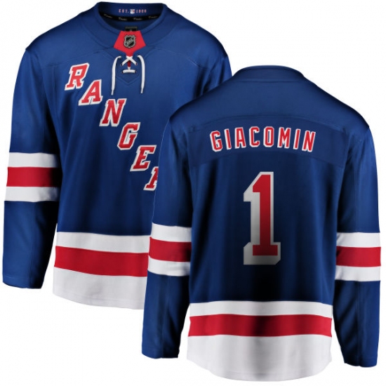 Youth New York Rangers 1 Eddie Giacomin Fanatics Branded Royal Blue Home Breakaway NHL Jersey