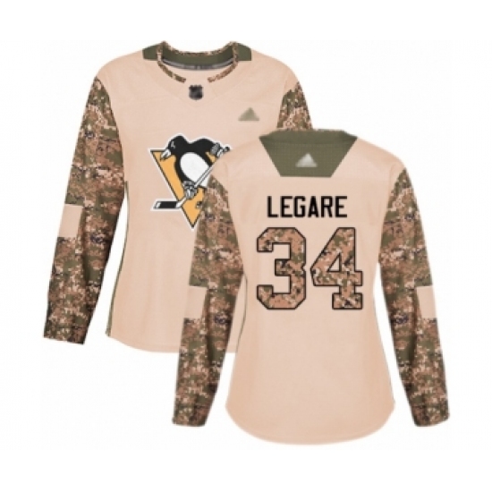 Women's Pittsburgh Penguins 34 Nathan Legare Authentic Camo Veterans Day Practice Hockey Jersey