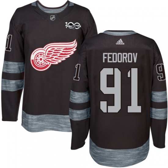 Men's Adidas Detroit Red Wings 91 Sergei Fedorov Authentic Black 1917-2017 100th Anniversary NHL Jersey