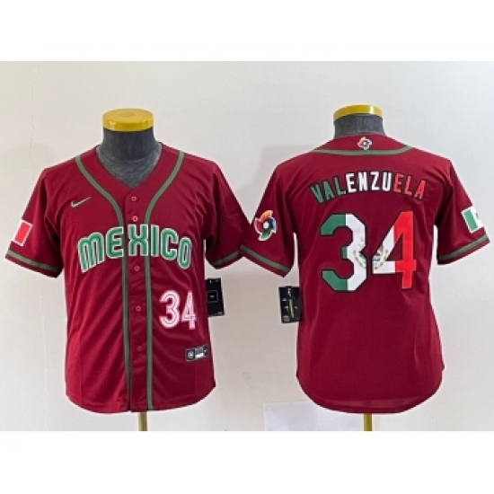 Youth Mexico Baseball 34 Fernando Valenzuela 2023 Red World Classic Stitched Jersey 3