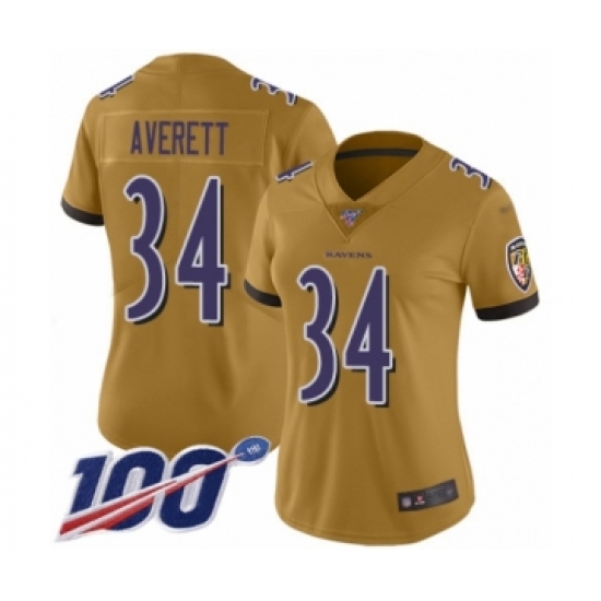 Women's Baltimore Ravens 34 Anthony Averett Limited Gold Inverted Legend 100th Season Football Jersey