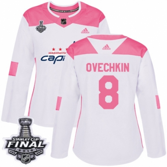 Women's Adidas Washington Capitals 8 Alex Ovechkin Authentic White/Pink Fashion 2018 Stanley Cup Final NHL Jersey