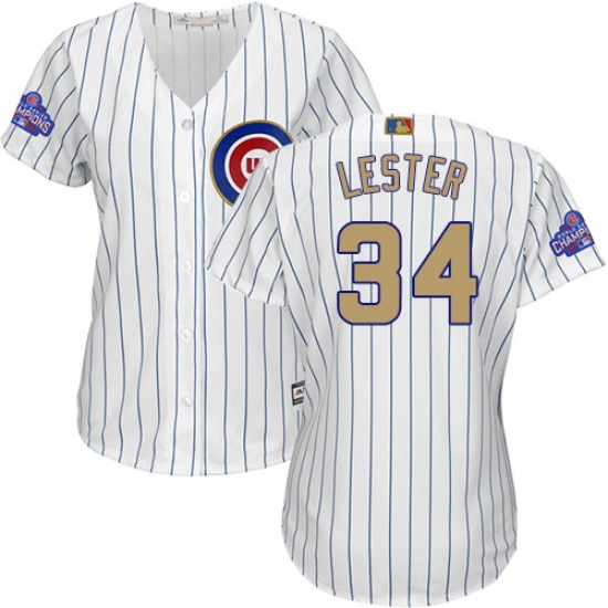 Women's Majestic Chicago Cubs 34 Jon Lester Authentic White 2017 Gold Program MLB Jersey