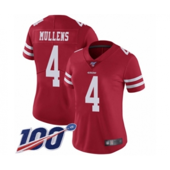 Women's San Francisco 49ers 4 Nick Mullens Red Team Color Vapor Untouchable Limited Player 100th Season Football Jersey