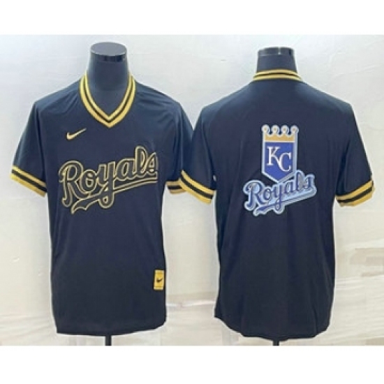 Men's Kansas City Royals Big Logo Black Gold Nike Cooperstown Legend V Neck Jerseys