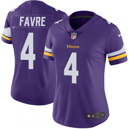 Women's Nike Minnesota Vikings 4 Brett Favre Purple Team Color Vapor Untouchable Limited Player NFL Jersey