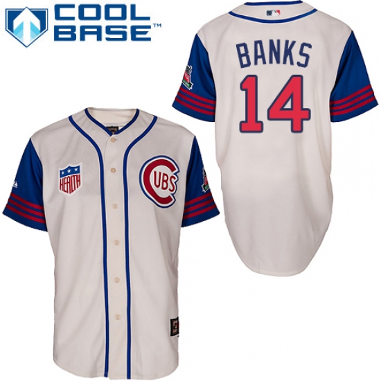 Men's Majestic Chicago Cubs 14 Ernie Banks Authentic Cream/Blue 1942 Turn Back The Clock MLB Jersey