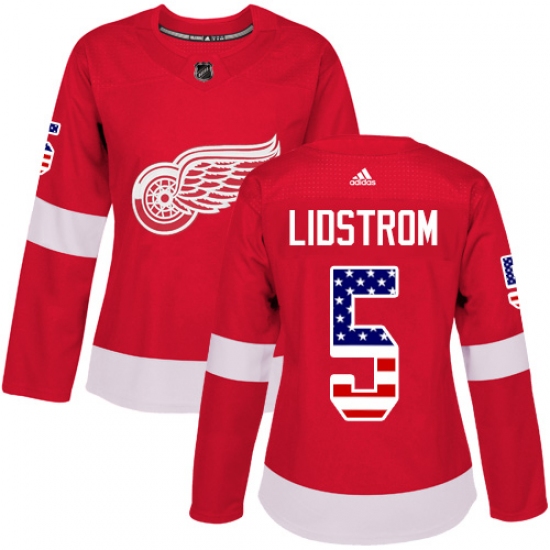 Women's Adidas Detroit Red Wings 5 Nicklas Lidstrom Authentic Red USA Flag Fashion NHL Jersey