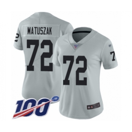 Women's Oakland Raiders 72 John Matuszak Limited Silver Inverted Legend 100th Season Football Jersey