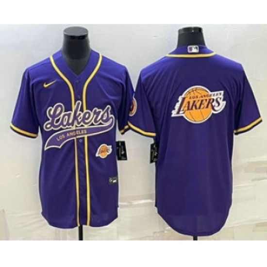 Men's Los Angeles Lakers Purple Team Big Logo With Cool Base Stitched Baseball Jersey