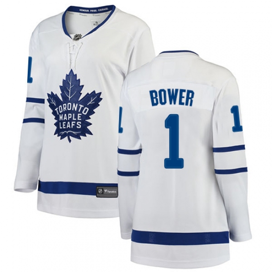 Women's Toronto Maple Leafs 1 Johnny Bower Authentic White Away Fanatics Branded Breakaway NHL Jersey