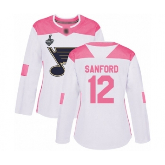 Women's St. Louis Blues 12 Zach Sanford Authentic White Pink Fashion 2019 Stanley Cup Final Bound Hockey Jersey