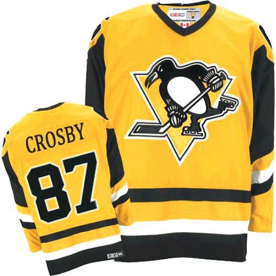 Men's CCM Pittsburgh Penguins 87 Sidney Crosby Premier Yellow Throwback NHL Jersey