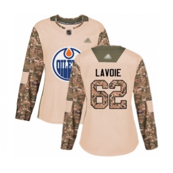 Women's Edmonton Oilers 62 Raphael Lavoie Authentic Camo Veterans Day Practice Hockey Jersey