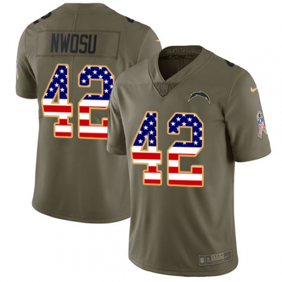 Men's Nike Los Angeles Chargers 42 Uchenna Nwosu Limited Olive USA Flag 2017 Salute to Service NFL Jersey