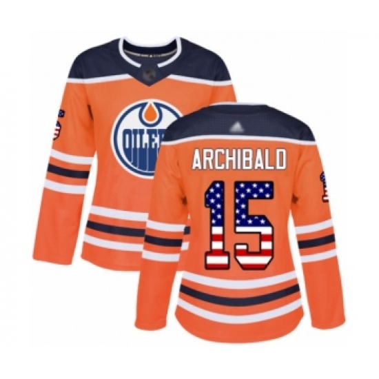 Women's Edmonton Oilers 15 Josh Archibald Authentic Orange USA Flag Fashion Hockey Jersey