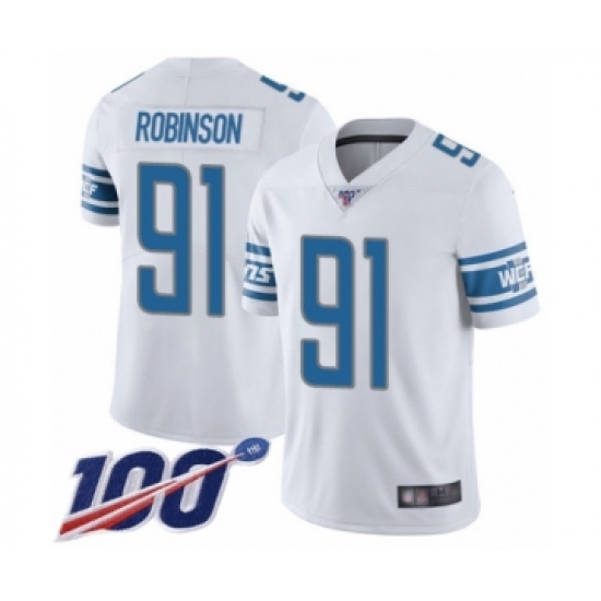 Men's Detroit Lions 91 A'Shawn Robinson White Vapor Untouchable Limited Player 100th Season Football Jersey