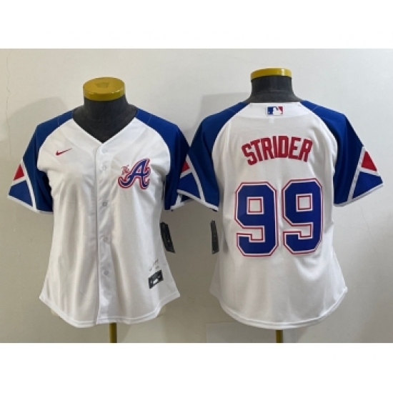 Women's Atlanta Braves 99 Spencer Strider White 2023 City Connect Cool Base Stitched Jersey