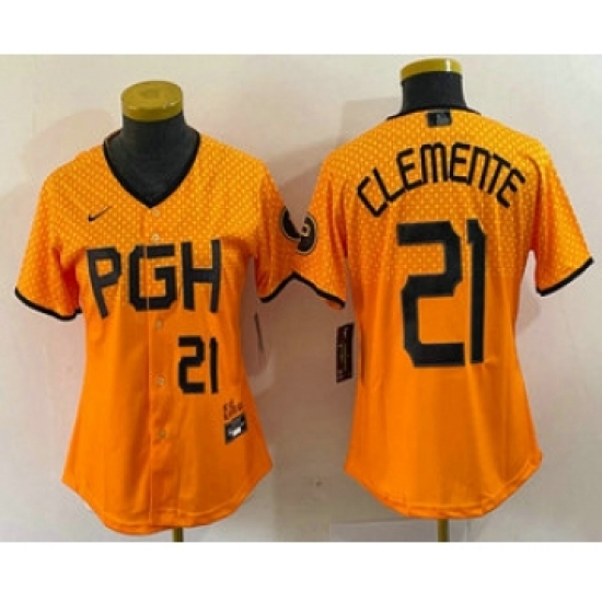 Women's Pittsburgh Pirates 21 Roberto Clemente Number Yellow 2023 City Connect Stitched Jersey