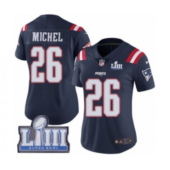 Women's Nike New England Patriots 26 Sony Michel Limited Navy Blue Rush Vapor Untouchable Super Bowl LIII Bound NFL Jersey