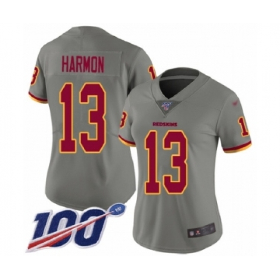 Women's Washington Redskins 13 Kelvin Harmon Limited Gray Inverted Legend 100th Season Football Jersey