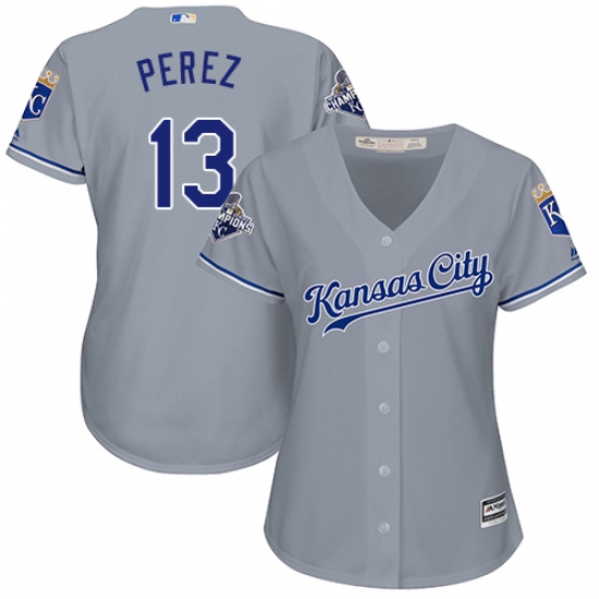 Women's Majestic Kansas City Royals 13 Salvador Perez Authentic Grey Road Cool Base MLB Jersey