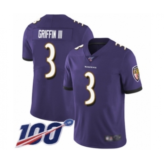 Men's Baltimore Ravens 3 Robert Griffin III Purple Team Color Vapor Untouchable Limited Player 100th Season Football Jersey