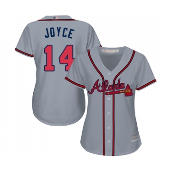 Women's Atlanta Braves 14 Matt Joyce Replica Grey Road Cool Base Baseball Jersey