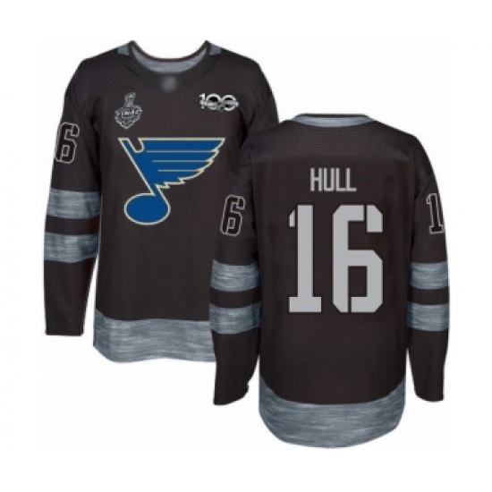 Men's St. Louis Blues 16 Brett Hull Authentic Black 1917-2017 100th Anniversary 2019 Stanley Cup Final Bound Hockey Jersey