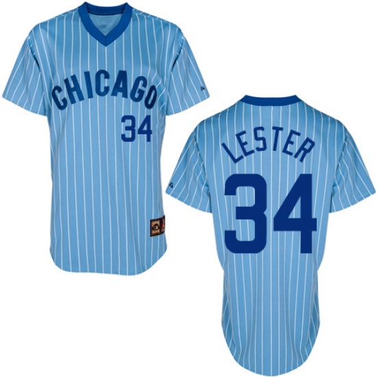 Men's Majestic Chicago Cubs 34 Jon Lester Authentic Blue/White Strip Cooperstown Throwback MLB Jersey