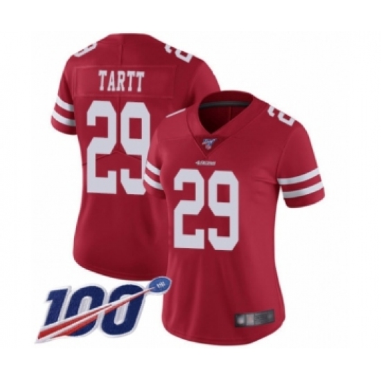 Women's San Francisco 49ers 29 Jaquiski Tartt Red Team Color Vapor Untouchable Limited Player 100th Season Football Jersey