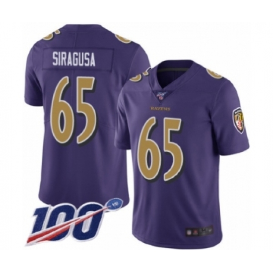 Men's Baltimore Ravens 65 Nico Siragusa Limited Purple Rush Vapor Untouchable 100th Season Football Jersey