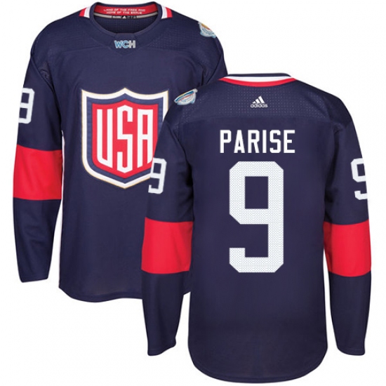 Youth Adidas Team USA 9 Zach Parise Authentic Navy Blue Away 2016 World Cup Ice Hockey Jersey