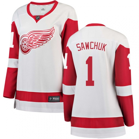 Women's Detroit Red Wings 1 Terry Sawchuk Authentic White Away Fanatics Branded Breakaway NHL Jersey