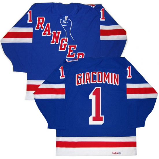 Men's CCM New York Rangers 1 Eddie Giacomin Premier Royal Blue New Throwback NHL Jersey