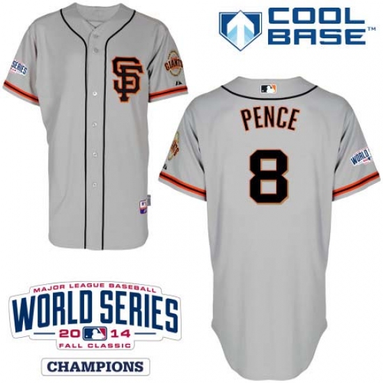 Youth Majestic San Francisco Giants 8 Hunter Pence Replica Grey Road 2 Cool Base w/2014 World Series Patch MLB Jersey