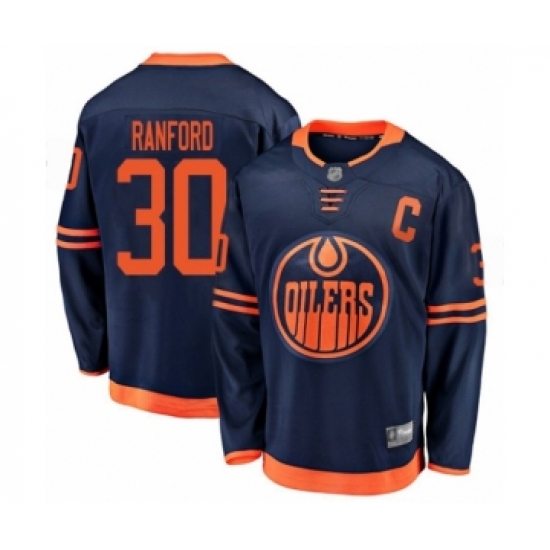 Youth Edmonton Oilers 30 Bill Ranford Authentic Navy Blue Alternate Fanatics Branded Breakaway Hockey Jersey