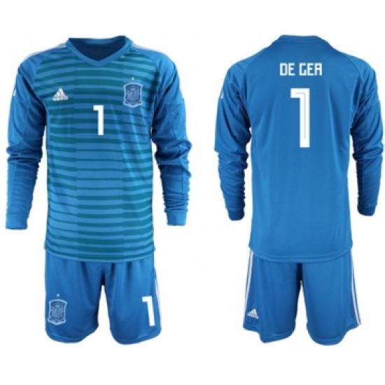 Spain 1 De Gea Blue Goalkeeper Long Sleeves Soccer Country Jersey