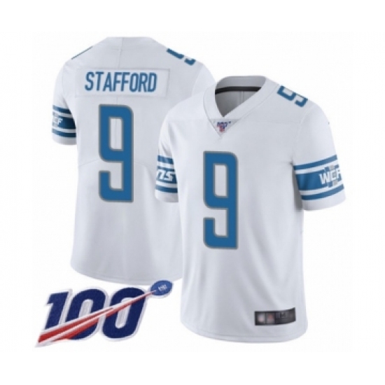 Men's Detroit Lions 9 Matthew Stafford White Vapor Untouchable Limited Player 100th Season Football Jersey