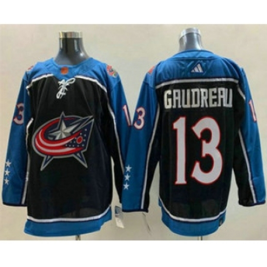 Men's Columbus Blue Jackets 13 Johnny Gaudreau Black 2022 Reverse Retro Stitched Jersey