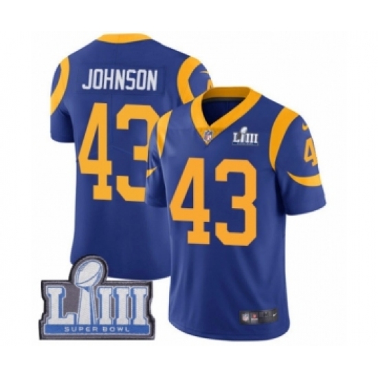 Men's Nike Los Angeles Rams 43 John Johnson Royal Blue Alternate Vapor Untouchable Limited Player Super Bowl LIII Bound NFL Jersey