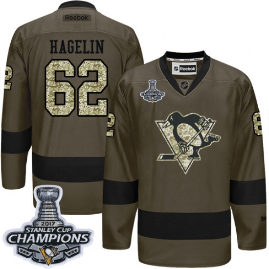 Men's Reebok Pittsburgh Penguins 62 Carl Hagelin Premier Green Salute to Service 2017 Stanley Cup Champions NHL Jersey