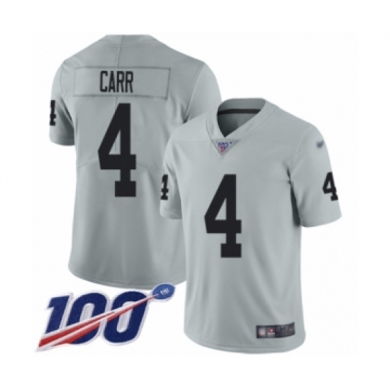 Men's Oakland Raiders 4 Derek Carr Limited Silver Inverted Legend 100th Season Football Jersey
