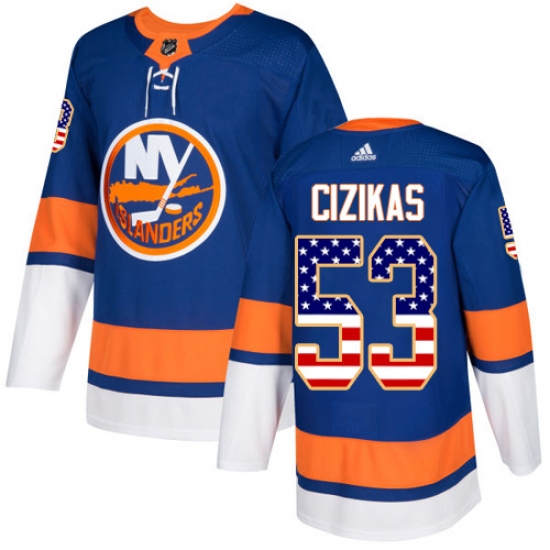 Men's Adidas New York Islanders 53 Casey Cizikas Authentic Royal Blue USA Flag Fashion NHL Jersey